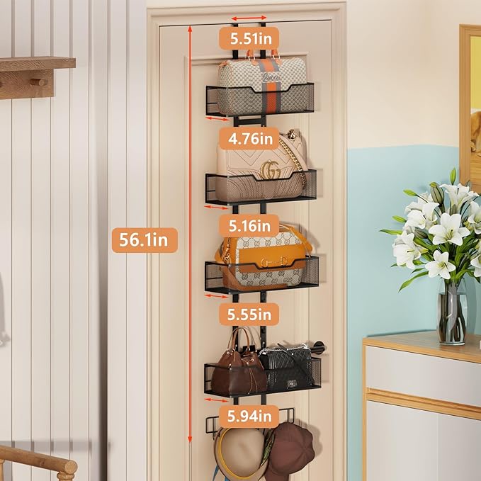 Dmevkic Purse Organizer Over The Door,Adjustable Durable Metal Purse Holder Handbag Purse Organizer for Closet with 5 Hooks M
