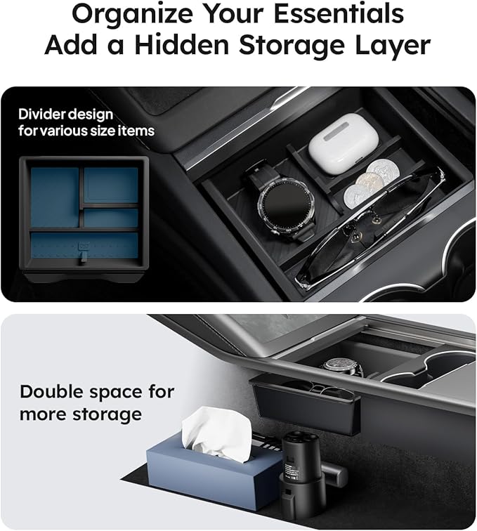 Wigoo Center Console Organizer for Tesla Model Y Juniper (Only Premium & Performance 2025 2026) and All Model 3 Highland Accessories [Double-Layer Storage, Smooth Sliding] 2PCS Black