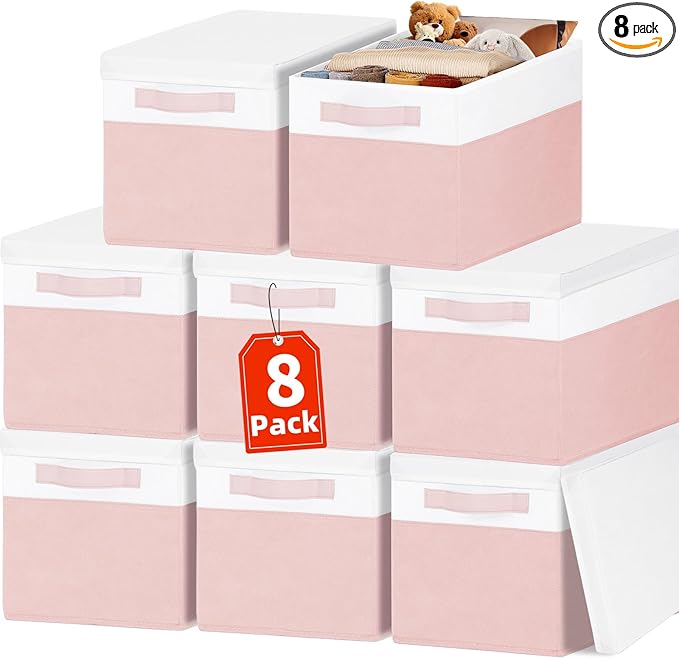 Large Closet Organizer Bins with Lids 8 Pack - Pink Storage Baskets for Shelves Nursery Bedroom Dorm RV - Stackable Decorativ