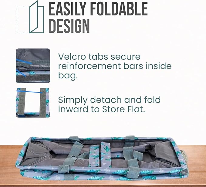 Extra Large Utility Tote Bag - Oversized Collapsible Reusable Wire Frame Rectangular Canvas Basket With Two Exterior Pockets For Beach, Pool, Laundry, Car Trunk, Storage - Turtle
