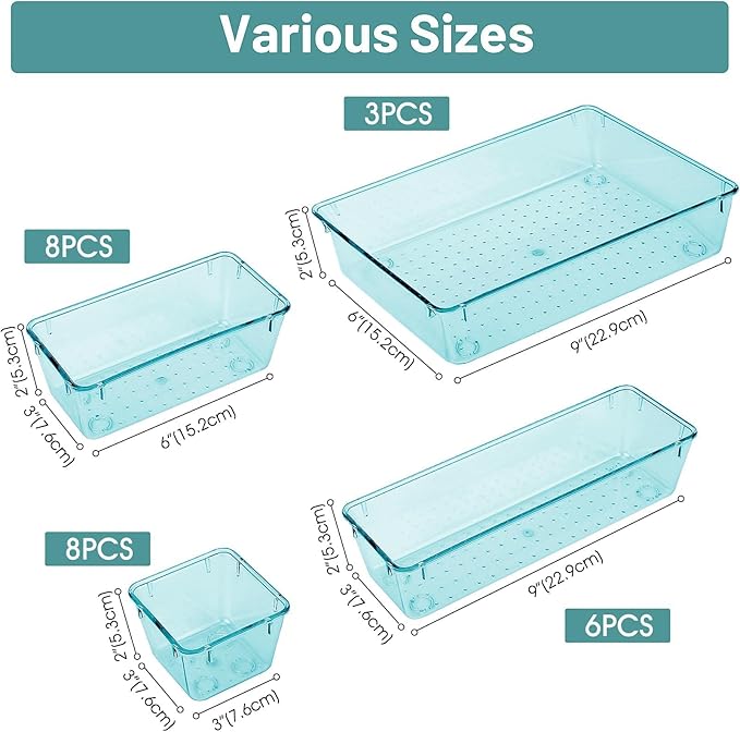 WOWBOX 25 PCS Plastic Drawer Organizer Set, 4 Sizes Desk Drawer Divider Organizers and Storage Bins for Makeup, Jewelry, Gadg