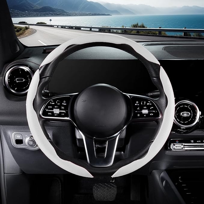 Nappa Leather Car Steering Wheel Cover for Men Women, Ultra-Thin Non-Slip Breathable Microfibre, Universal for 14.5"-15" Stee