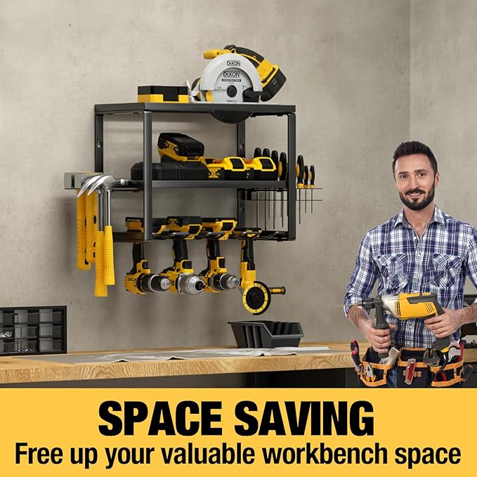YYR Heavy Duty Power Tool Organizer Wall Mount, Cordless Drill Hanger Storage Rack, Battery Tools Holder with Charging Statio