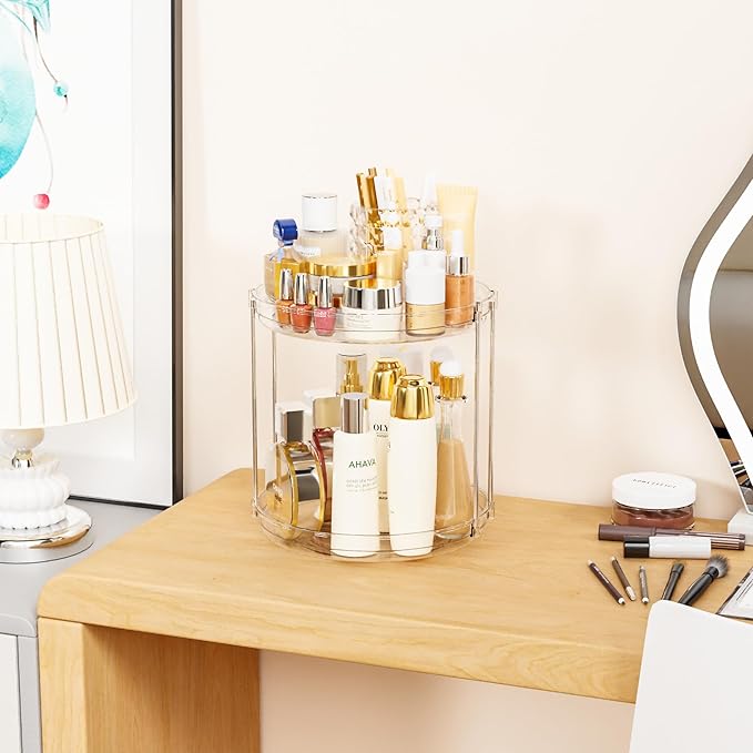Yieach Clear 360 Rotating Bathroom Counter Organizer,2 Tier Spinning Perfume Organizer and Makeup Tower for Lotion,Hair,Face 