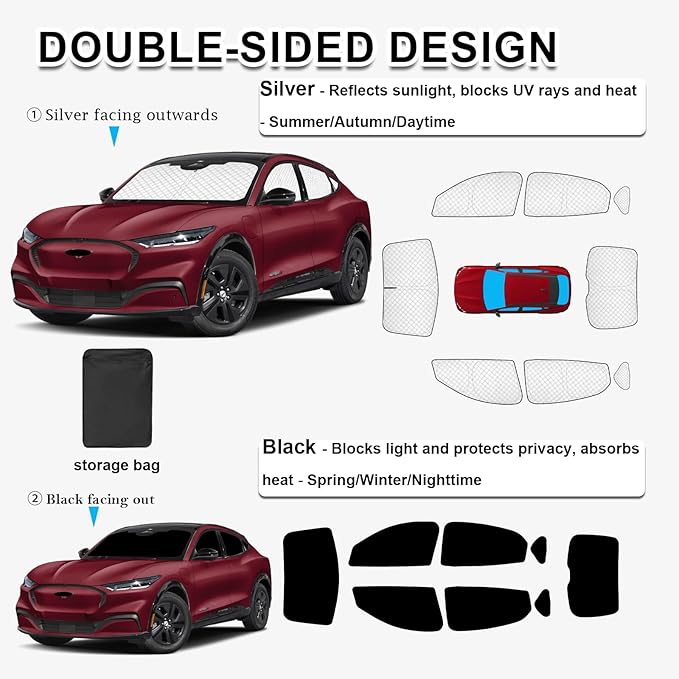 KMF Thicken Sun Shades for Ford Mustang Mach-E 2021-2025 Accessories, Custom Fit Car Window Covers for Windshield Side Rear, UV Block and Blackout Protect Privacy for Camping Full Coverage 8pcs