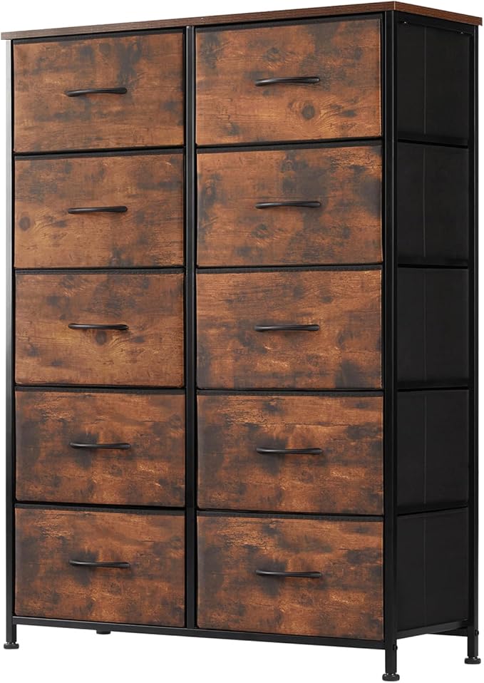 DUMOS Dresser for Bedroom, 10 Storage Drawers, Wide Fabric Closet Chests Organizer Tower Furniture with Wooden Top Metal Fram