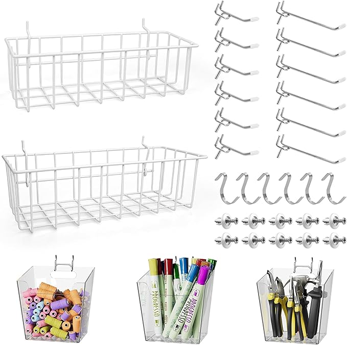 Pegboard Hooks Organizers - Peg Board Baskets Clear Cups Multiple Hangers 33 Pack - Display Shelving Tool Organizer Set for C