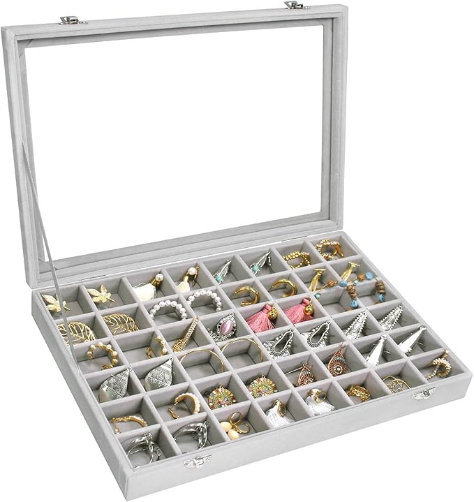 Siveit Velvet Jewelry Tray 48 Grid Jewelry Display Tray Organizer Box with Transparent Lid Rings Earrings Necklaces Pendants 