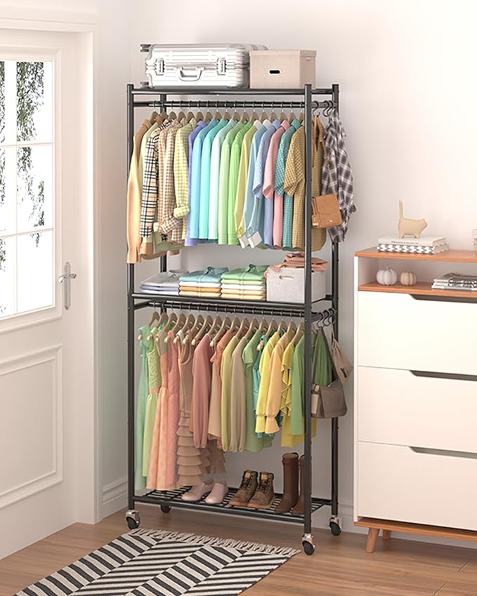 Sakugi Clothes Rack - 33.0" x 12.2" x 79.5" Clothing Rack with Shelves & Wheels, Multi-Functional Wardrobe Closet with Hooks,