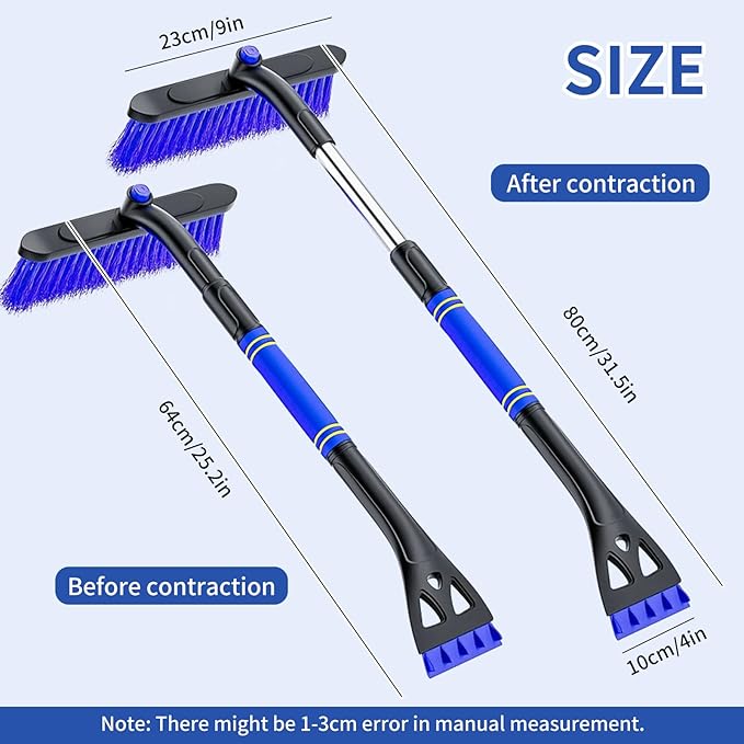 31.5" Snow Brush & Ice Scraper for Car Windshield, 3 in 1 Extendable Snow Brush with Squeegee, Detachable Snow Removal Tool with Comfortable Ergonomic Foam Grip for Cars, Suvs, Trucks, RVs