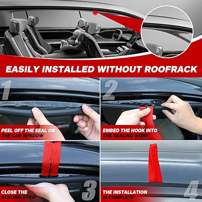 6 Rooftop Cargo Tie Down Hook Straps-Secure Any Car Roof Bag, Roof Rack Cargo Carrier,or Car Top Carrier,Durable and Solid, No Roof Rack Required, Compatible with Most Cars - Registered Patent (red)