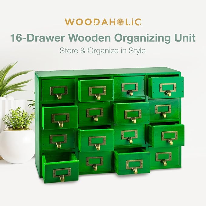 Emerald Green Wood 16-Drawer Apothecary Small Cabinet - 20"x3.6”x14” Card Catalog Style Table Top Organizer - Wooden Storage 