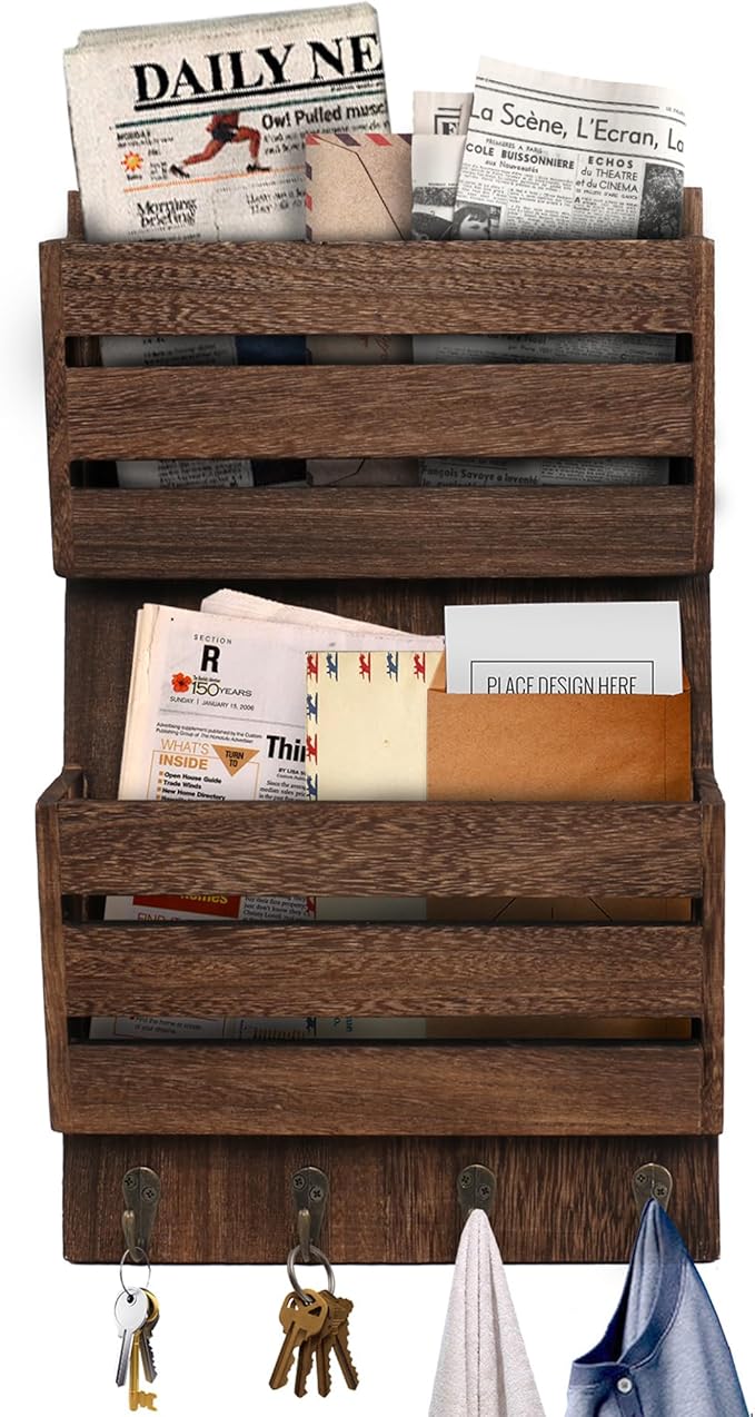 Mail Organizer Wall Mount with 4 Key Hooks, Rustic Wooden Hanging Mail Sorter Farmhouse Key Holder for Wall Decoration, 2-Slo