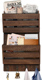 Mail Organizer Wall Mount with 4 Key Hooks, Rustic Wooden Hanging Mail Sorter Farmhouse Key Holder for Wall Decoration, 2-Slo
