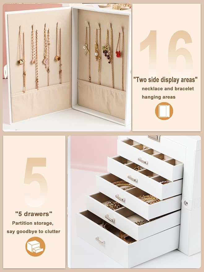 BOOVO Jewelry Box For women, 6 Layer Large Jewelry Organizer With Mirror, Multi-Function Storage Box With Lock, Necklace Hold