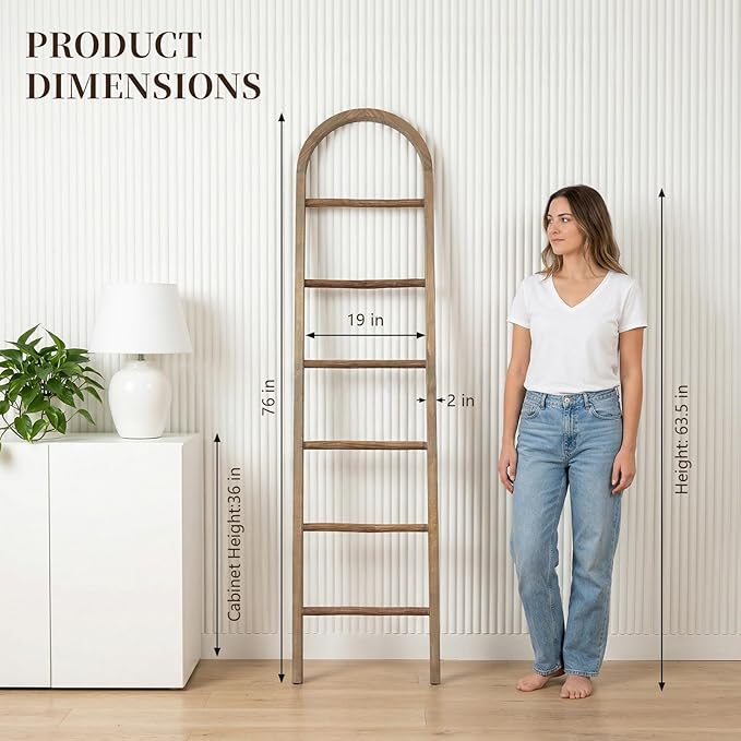 Arched Wooden Blanket Ladder -76in(6-Tier) Natural & Motley Wood - Leaning Wall Decor for Bedroom, Bathroom, Living Room - Ru