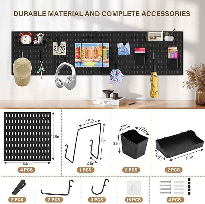 AKTOP Peg Board Wall Organizer 4-Pack – 12"x12" Black Pegboard Combination Kit with 13 Accessories for Wall, Plastic Peg Boar