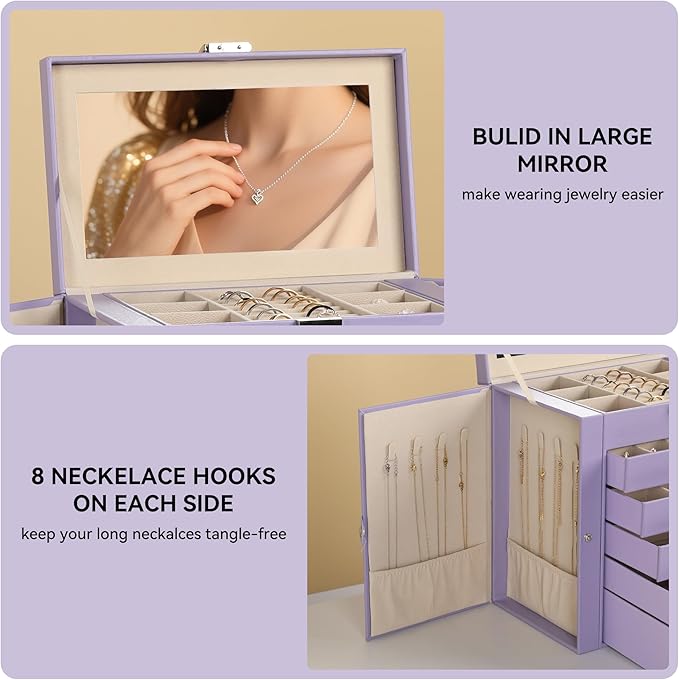 Frebeauty Large Jewelry Box,6-Tier PU Leather Jewelry Organizer,Multi-functional Storage Case with Mirror,Accessories Holder 