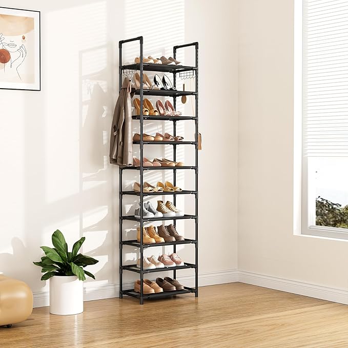 LANTEFUL 10 Tiers Shoe Rack 25 Pairs Large Capacity Tall Shoe Organizer Sturdy Shoe Storage with Two Hooks Space Saving Metal