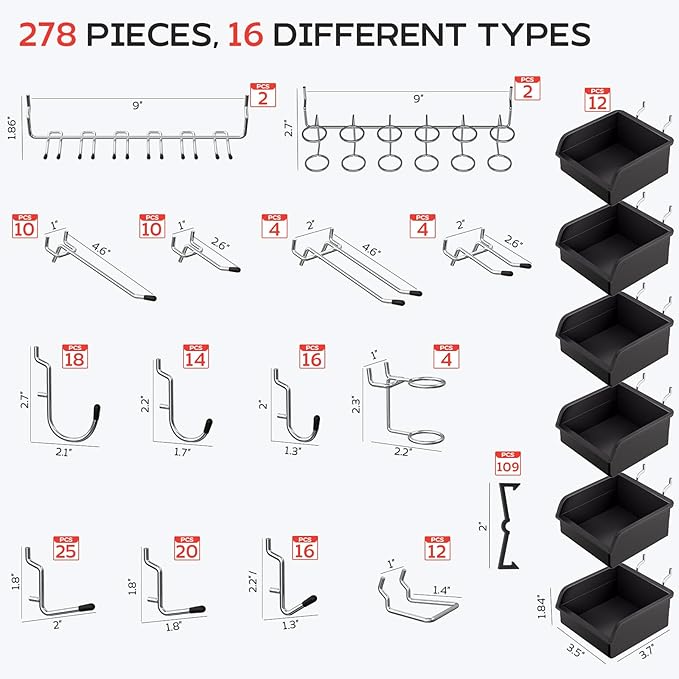 278PCS Upgraded Pegboard Hooks Assortment, Peg Board Organizer Accessories with Bins, Fit 1/8 or 1/4 inch PegBoard for Hangin