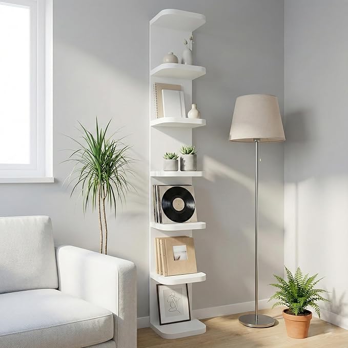 7 Tier Wall Shelf Unit White Floating Shelves for Wall, Decorative Lack Shelf for Storage Curved Edges, Tall Vertical Display