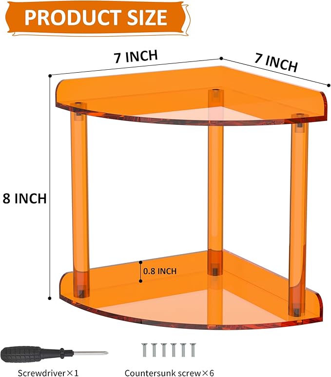 Sezanrpt 2 Tier Countertop Corner Organizer Shelf 7x7x8 Inch, Orange Acrylic Bathroom Corner Shelf for Countertop, Vanity Sto