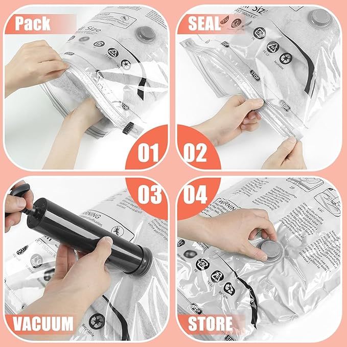 Vacuum Storage Bags, Space Saver Bags, Compression for Comforters and Blankets, Sealer Clothes Storage with Hand Pump. (6× Me