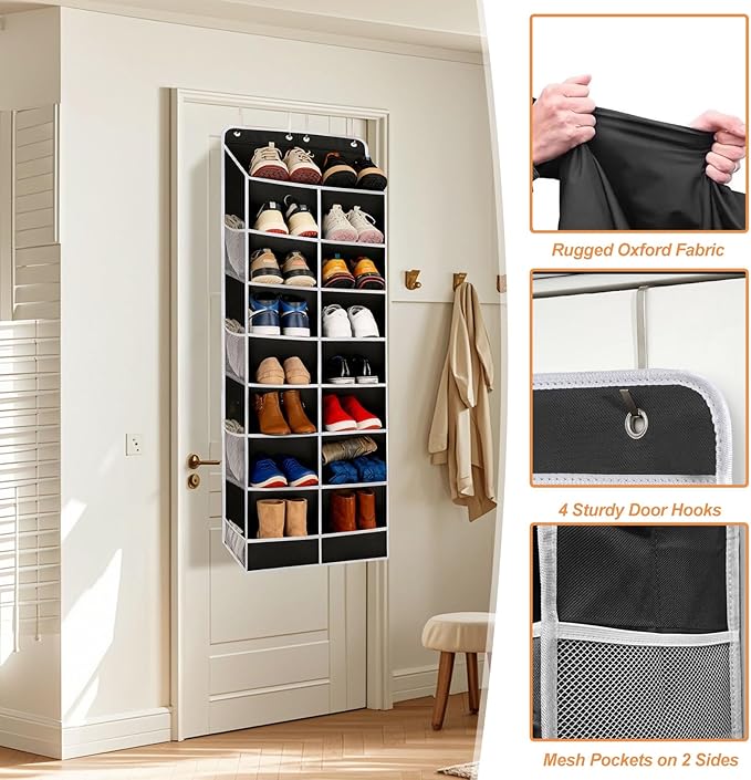 8-Layer Over The Door Shoe Organizer with 16 Compartments, Pockets Heavy-Duty Non-Woven Fabric Hanging Shoes Storage Rack,Han