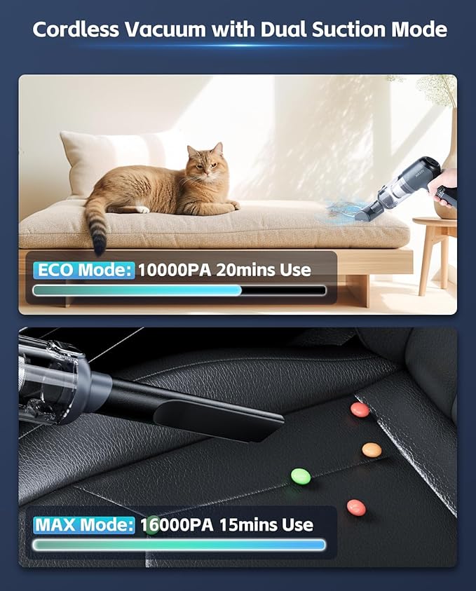 Car Vacuum Cleaner&Air Duster | 80W | 16kpa | 12KRPM | 20 Mins-Dust Cleaner Portable Cordless Vacuum Pro-Compressed Air Blowe