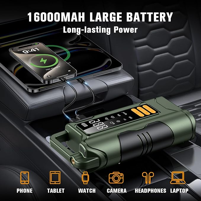 Jump Starter with Air Compressor,5000A Car Battery Jumper Starter, 16000mAh Battery Jumper Starter Portable for 10L
