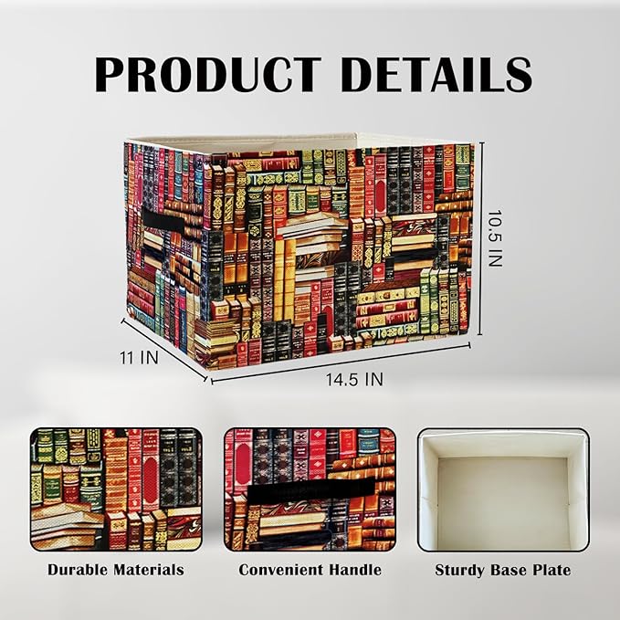 Vintage Library Books Storage Basket Organizer Bins With Handles,Retro Bookish Foldable Organizer Basket Toybox for Reading C