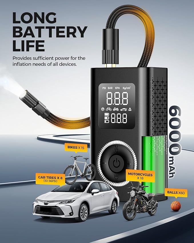 Tire Inflator Portable Air Compressor with Type-C Charging, Digital Pressure Gauge, LED Light, Smart Air Pump for Car, Motorcycle, Bike, Ball