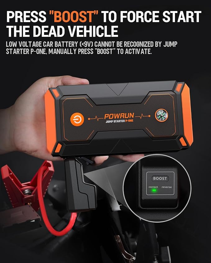 Powrun P-ONE Jump Starter 2000A Portable Jump Box - Car Jump Starter Battery Pack for up to 8.0L Gas and 6.5L Diesel Engines