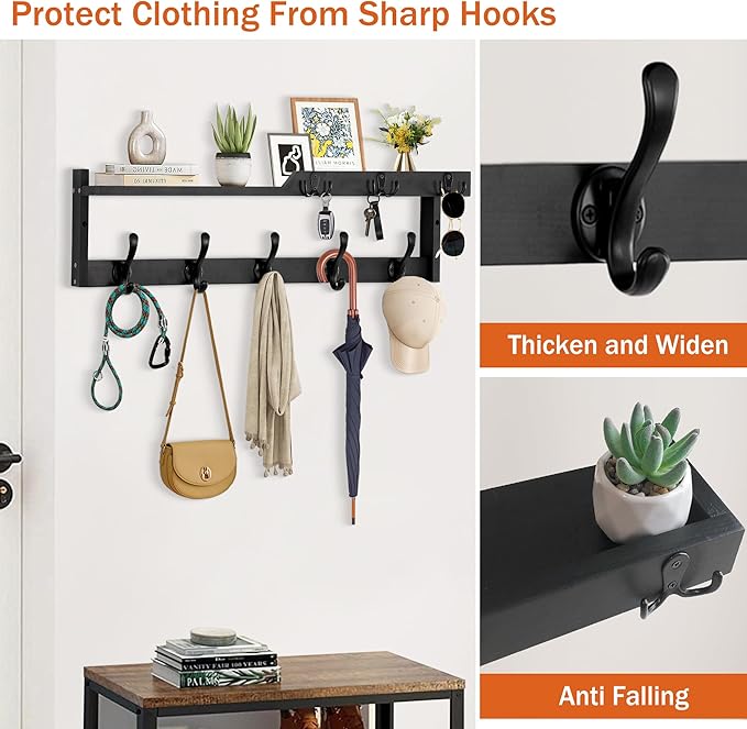 29'' Coat Rack Wall Mount with Shelf, Coat Hanger Wall Mount with Key Hooks and Mail Holder, Wood Entryway Floating Shelf wit