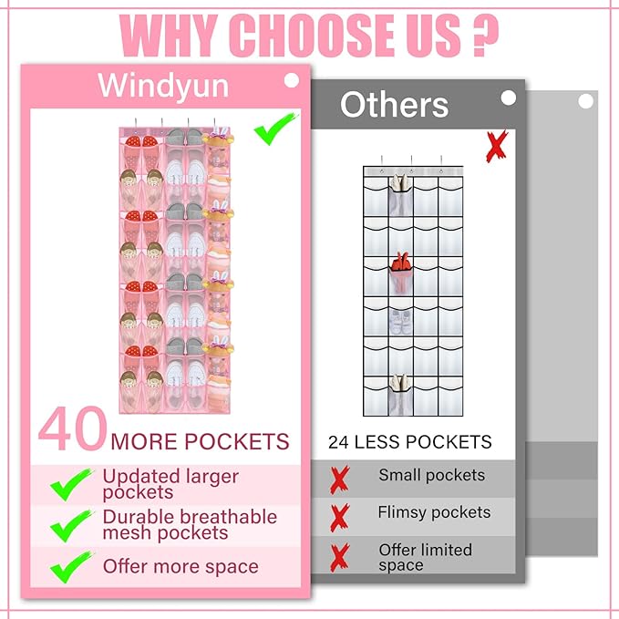 Windyun 40 Over the Door Shoe Organizer Large Breathable Mesh Pockets Pink Hanging Shoe Rack for Closet Behind Door Hanger St
