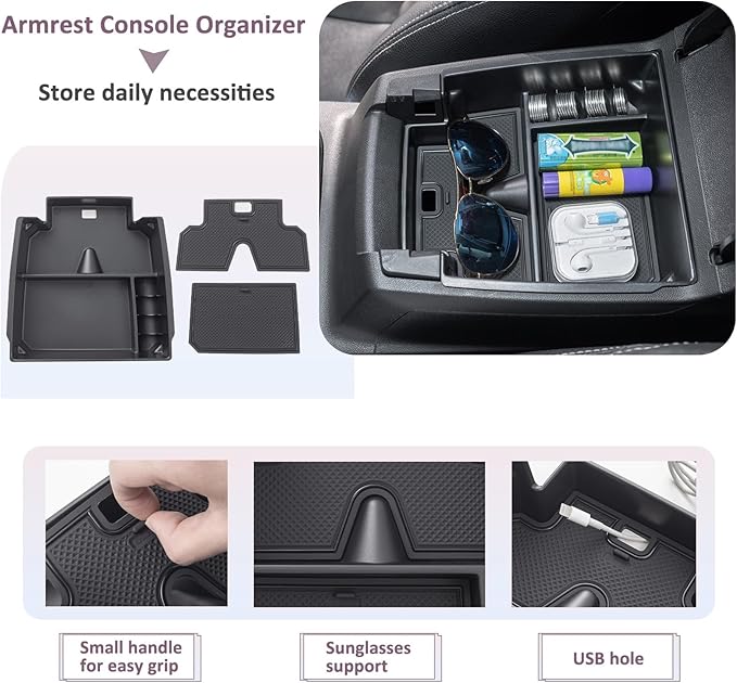 JDMCAR Center Console Organizer Compatible with 2023 2024 2025 2026 Chevy Colorado/GMC Canyon Accessories, Coin Container Armrest Secondary Storage Box with Non-Slip Silicone Mat (Black Trim)