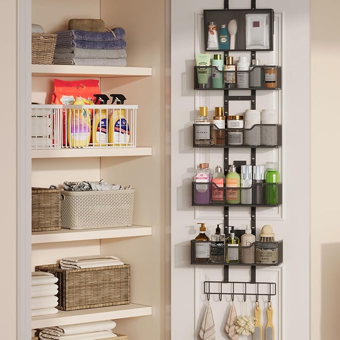 Hongtamoya Adjustable Over The Door Organizer, Closet Door Organizer Heavy Duty Hanging Door Storage with 4 Metal Baskets and