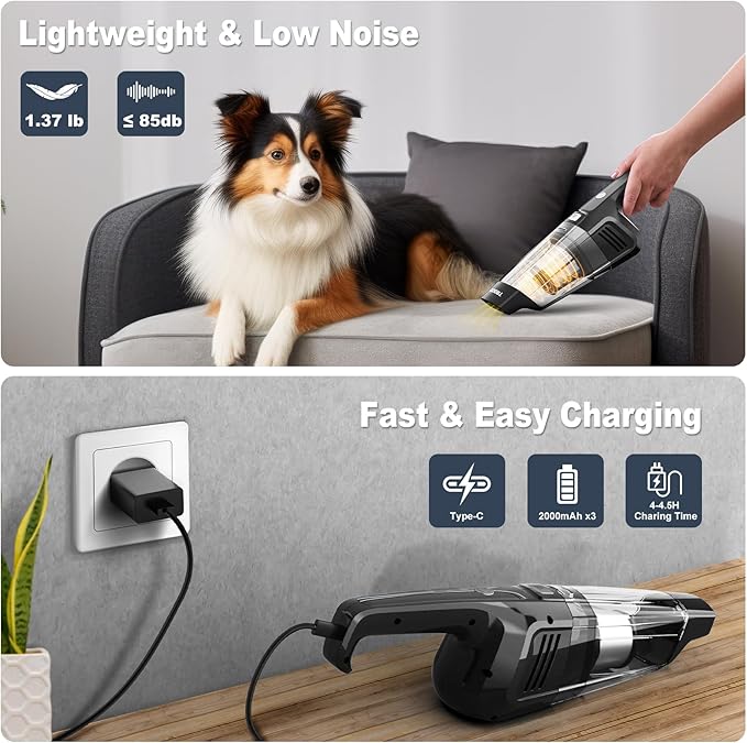 Handheld Vacuum Cordless, 14500PA Powerful Suction Hand Held Vacuum Cleaner with Brushless Motor, Rechargeable and Portable C