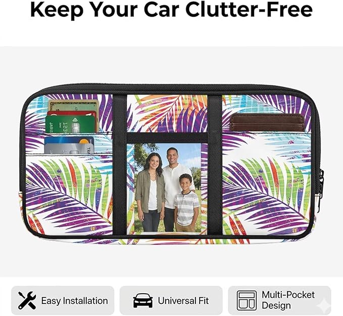 Tactical Sun Visor Organizer,Tropical Leaves Scratch-Resistant Auto Sunshade Organizer Bag with Double Zippers Truck SUV Storage Pouch Holder