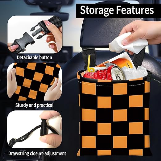 Car Trash Bag Large Hanging Can for Back of Seat, Cute Waterproof Car Garbage Bag for Vehicle, Travelling, Outdoor Black Orange Checkerboard
