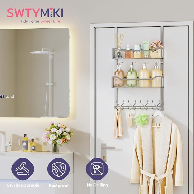 SWTYMIKI Over The Door Hook with 16 Hooks & 2 Mesh Baskets - Heavy Duty Over The Door Organizer Hanger for Towels, Coats, Clo