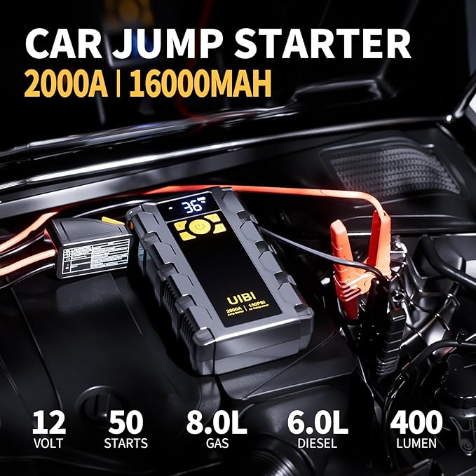 UIBI X5 Car Jump Starter with Air Compressor, 2000A Car Battery Jump Starter with 150PSI Tire Inflator Portable, Battery