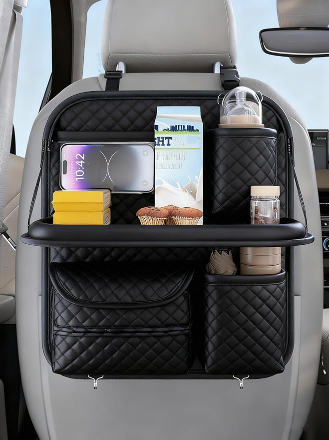 Leather Car Backseat Organizer with Foldable Table Tray, Hanging Car Storage Bag with Tablet Holder, Car Seat Back Protectors Kick Mats Travel Accessories (1)