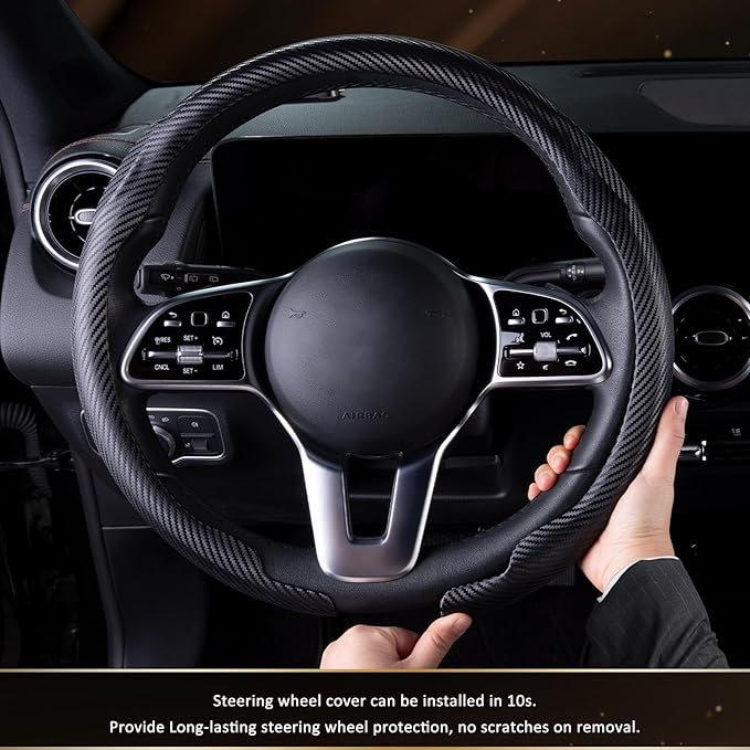Aimato Car Steering Wheel Cover Carbon Fiber, Ultra-Thin Car Steering Wheel Cover,Comfortable & Breathable Microfiber,Universal Fit for Most Cars, Matte Black