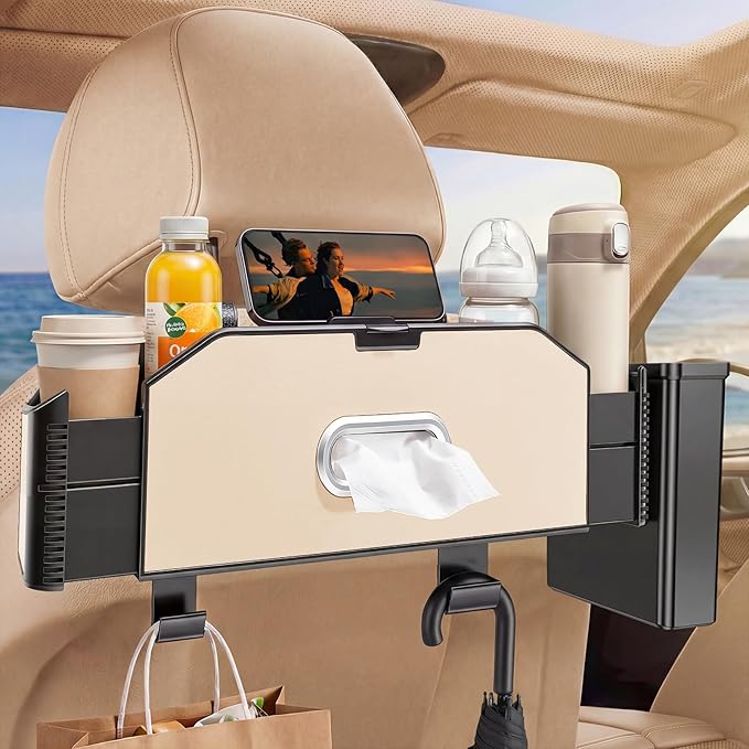 5-in-1 Car Back Seat Organizer and Storage with Extendable Cup Holder, Tissue Holder, Phone Holder, Hanging Hooks, Trash Bin, Back of Seat Car Headrest Organization Accessories for Women Man