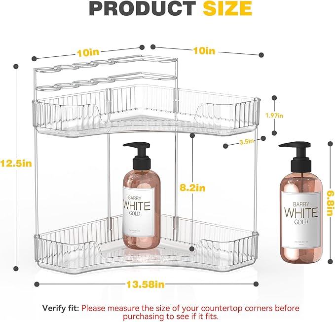 Asayuee 2-Tier Corner Bathroom Counter Organizer with Top Toothbrush Holders,Large Makeup Organizer Countertop with Brush Hol