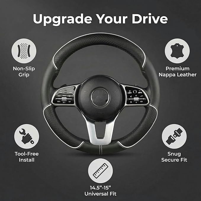Car Steering Wheel Cover, Premium Nappa Leather Steering Wheel Cover, Non-Slip & Breathable, Universal Fit for 14.5-15 Inch W