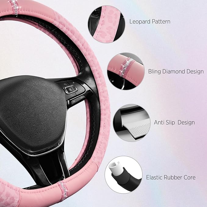 Road Comforts Leopard Steering Wheel Cover for Women, Cute Anti-Slip Microfiber Leather, Fits D Shape Flat Bottom Steering Wh
