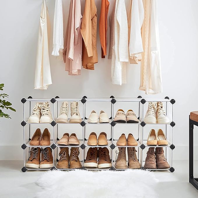 SONGMICS Shoe Rack with 16 Cubes, Interlocking Plastic Shoe Organizer, DIY Storage Cabinet for Closet Entryway Bedroom Garage