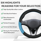 Leather Patchwork Black Blue Steering Wheel Cover, 14.5-15 Inch Non-Slip Breathable Microfiber Car Steering Wheel Protector
